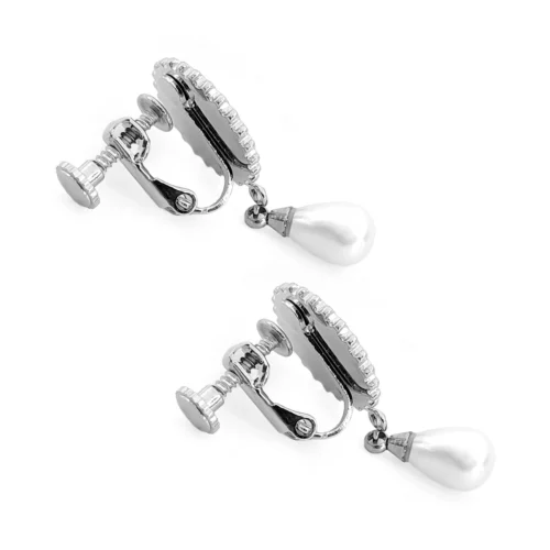 Aretes Acero Plateado de Clip Ajustable Perla Colgante (2)