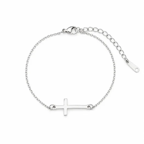 pulsera acero inoxidable plateado con cruz horizontal lisa y cadena fina ajustable