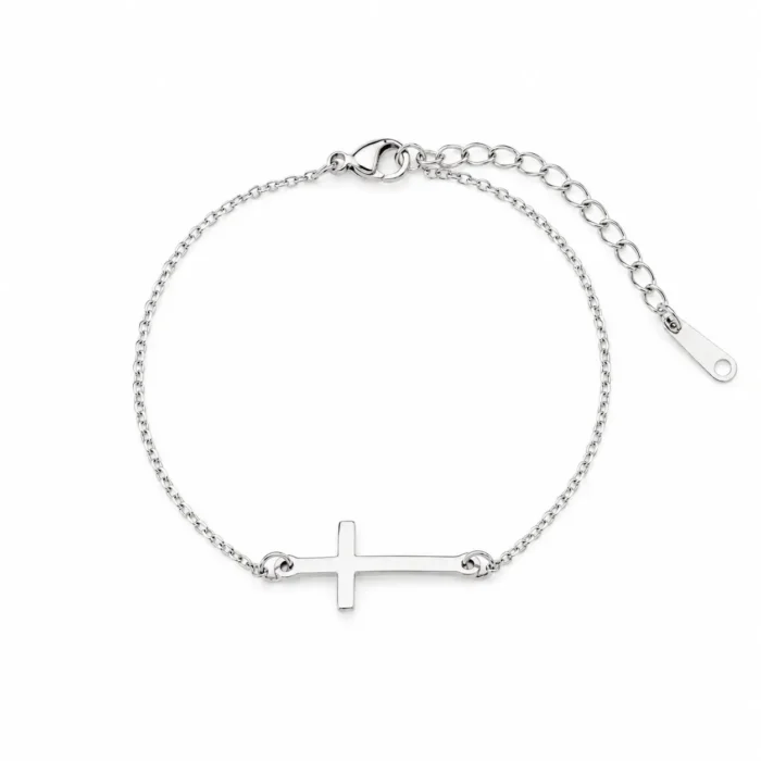 pulsera acero inoxidable plateado con cruz horizontal lisa y cadena fina ajustable