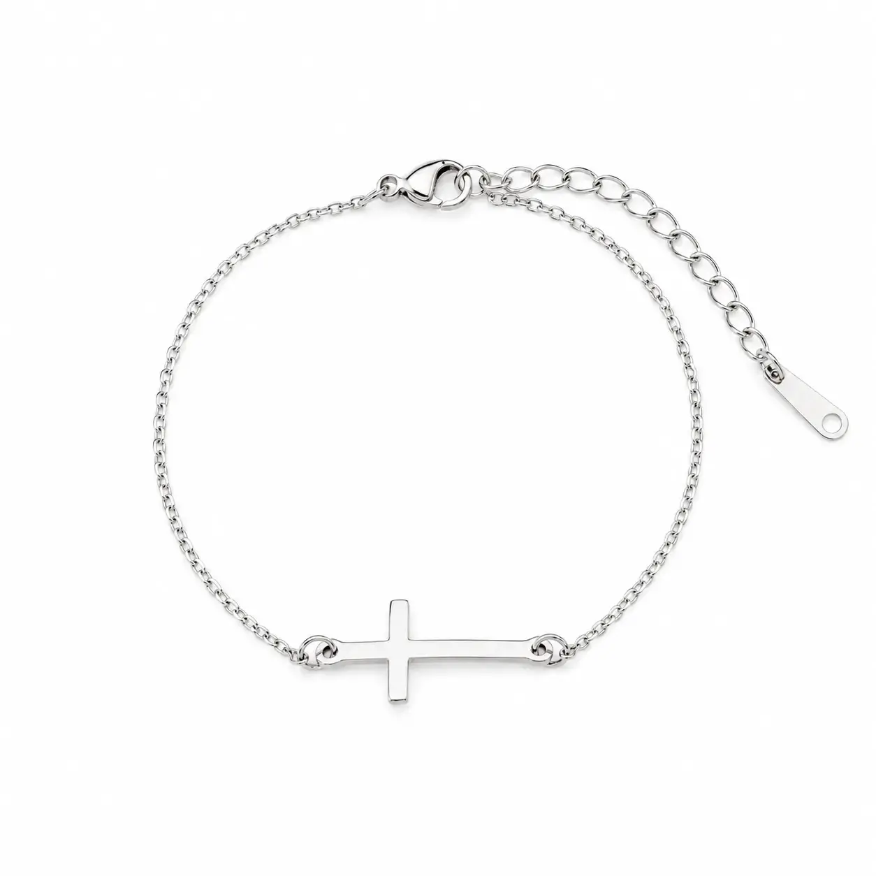 pulsera acero inoxidable plateado con cruz horizontal lisa y cadena fina ajustable