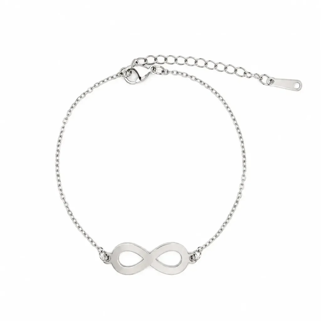 pulsera de acero inoxidable plateado con símbolo infinito liso y cadena fina ajustable