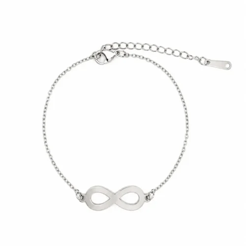 pulsera de acero inoxidable plateado con símbolo infinito liso y cadena fina ajustable