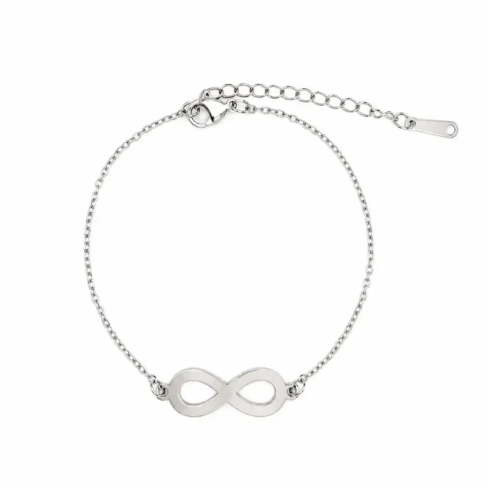 pulsera de acero inoxidable plateado con símbolo infinito liso y cadena fina ajustable
