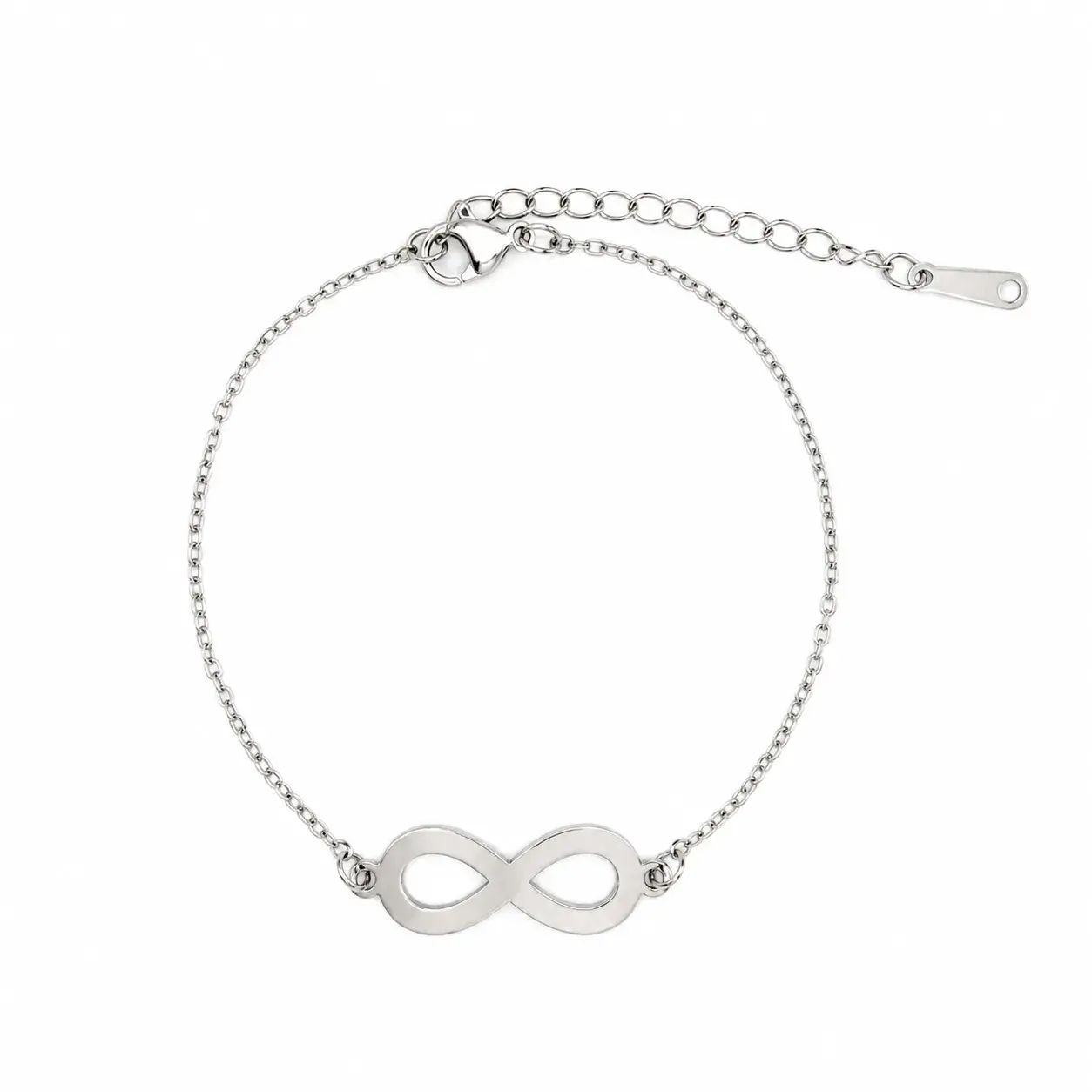 pulsera de acero inoxidable plateado con símbolo infinito liso y cadena fina ajustable
