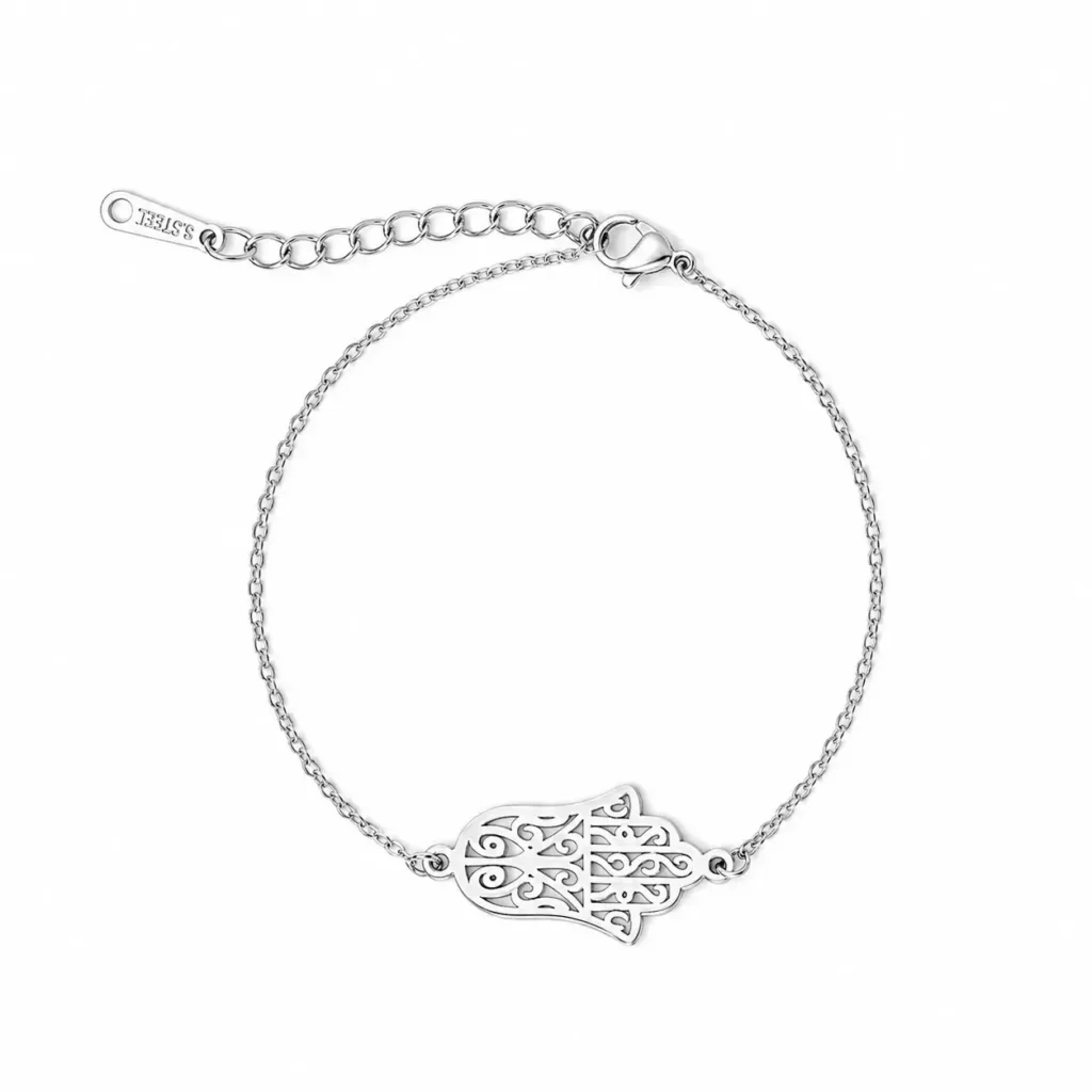 pulsera acero inoxidable plateado con símbolo mano de fátima calada y cadena fina ajustable
