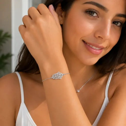 Pulsera Acero Plateado Simbolo Mano de Fatima Sencilla (4)