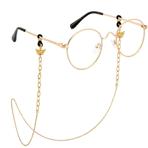 Cadena para lentes con mariposa esmaltada y eslabón oval de acero disponible en dorado y plateado