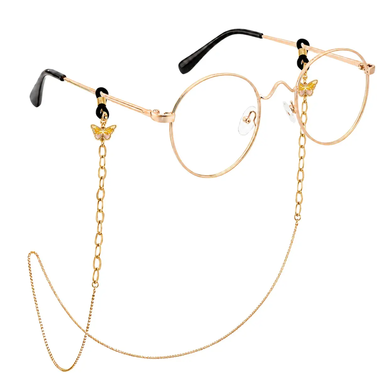 Cadena para lentes con mariposa esmaltada y eslabón oval de acero disponible en dorado y plateado