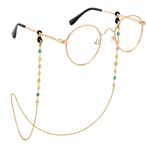 Cadena para lentes de acero inoxidable dorado con ojo turco de colores y dijes de estrellas