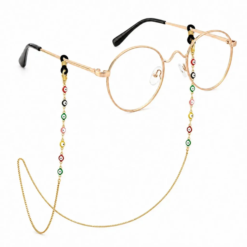 Cadena para lentes ojo turco de acero inoxidable dorado con detalles multicolor de 4 mm