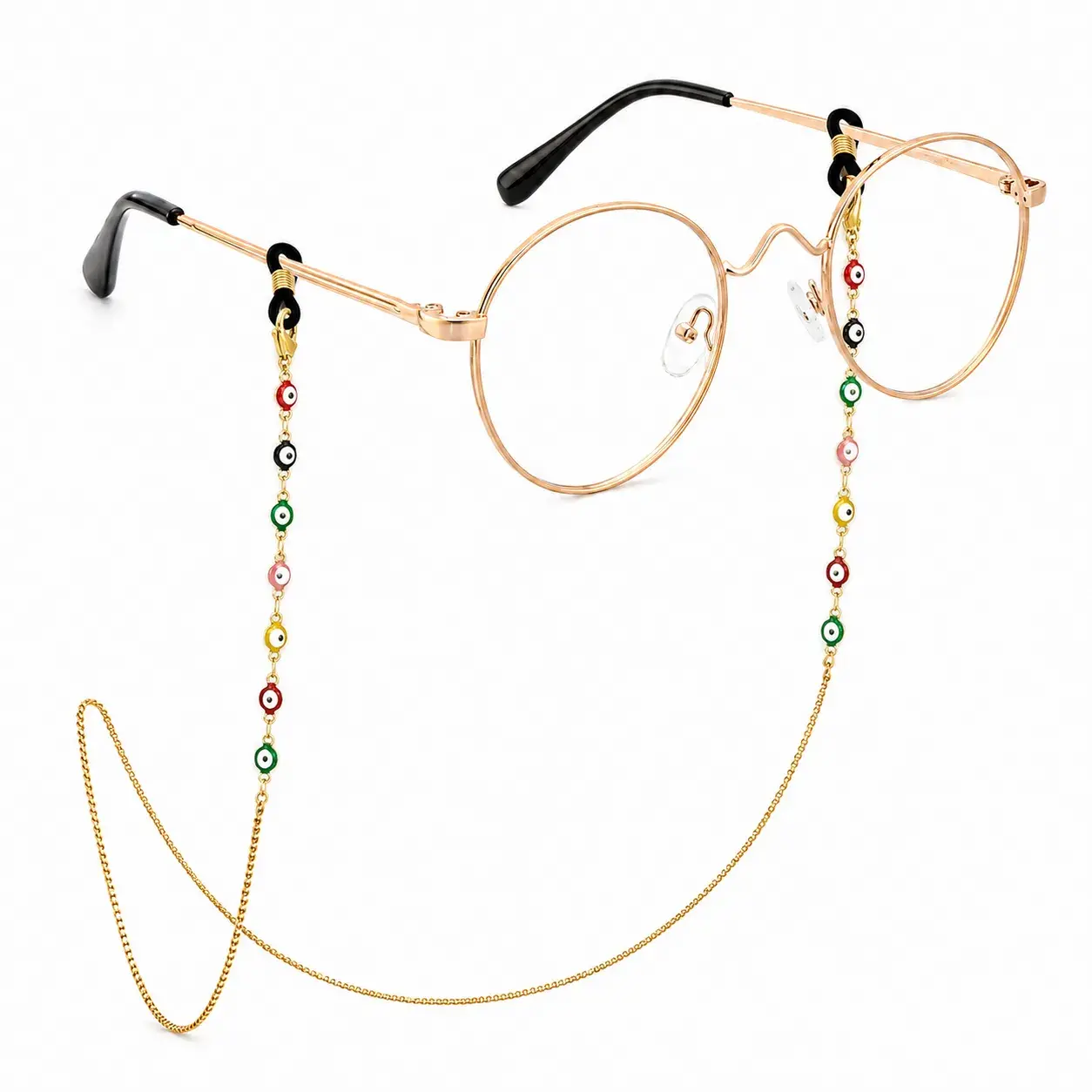 Cadena para lentes ojo turco de acero inoxidable dorado con detalles multicolor de 4 mm