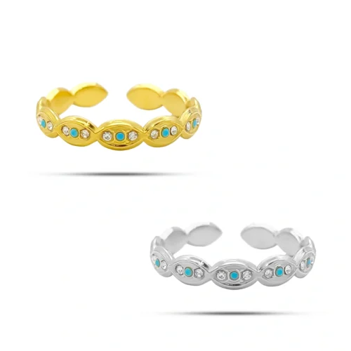 Anillo ajustable de acero inoxidable con cristales, ojos unidos y pupila azul de 4 mm de ancho