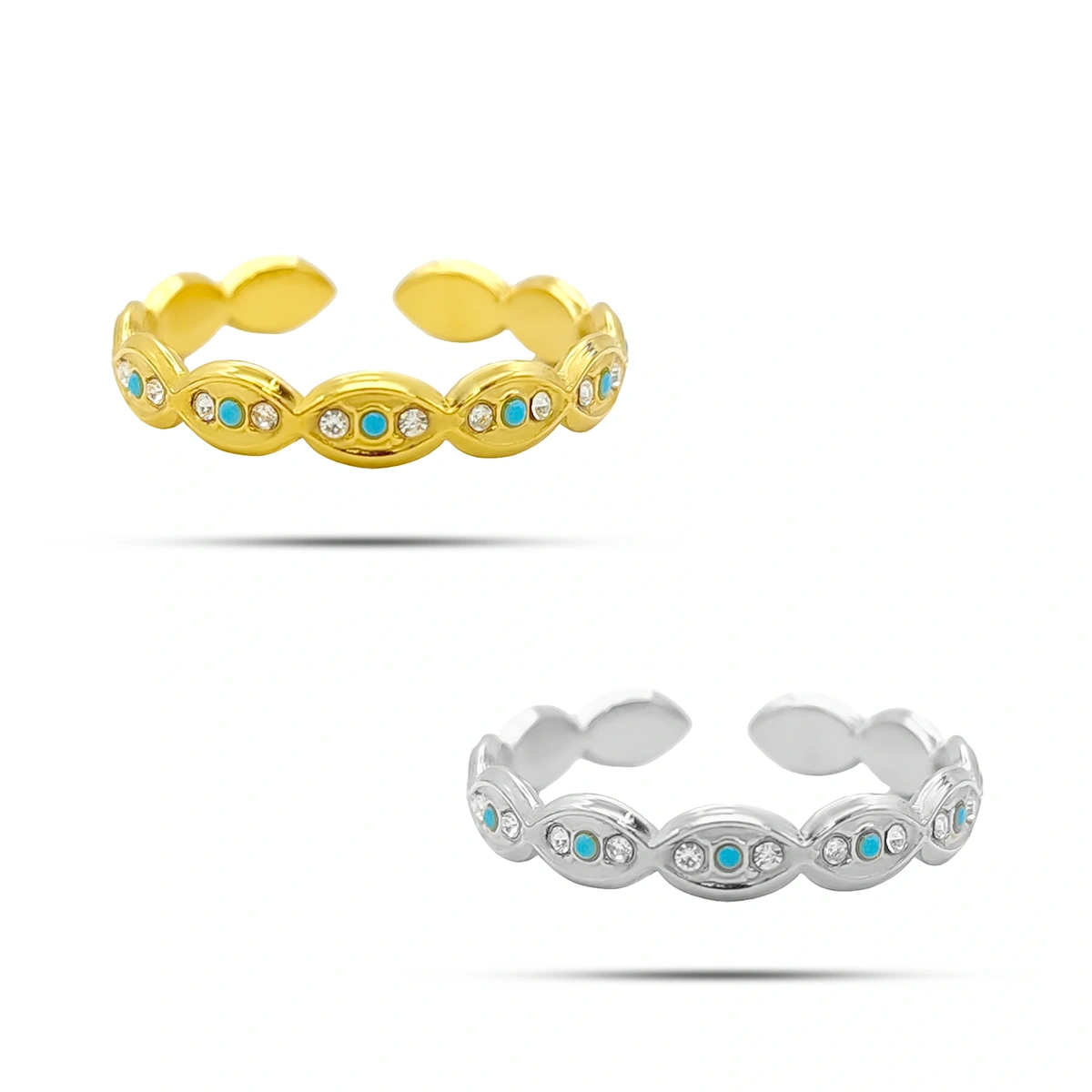 Anillo ajustable de acero inoxidable con cristales, ojos unidos y pupila azul de 4 mm de ancho