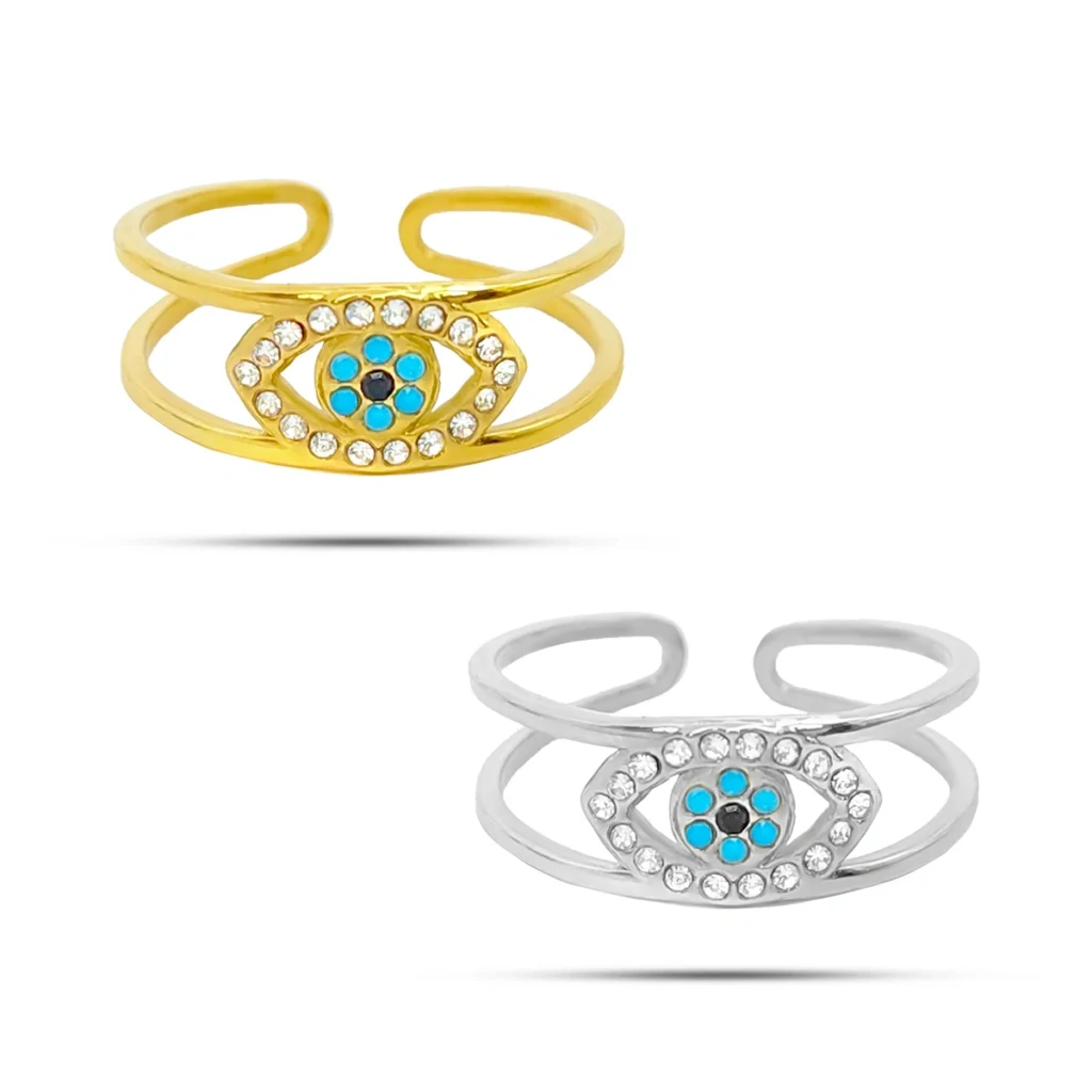 Anillo Acero Cristales Ojos Unidos Pupila Azul Ajustable 13 Anillo de ojo de acero inoxidable con doble línea, cristales transparentes y pupila azul de 7 mm