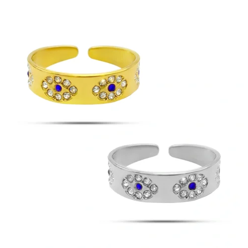 Anillo ajustable de acero inoxidable con ojos de cristales, pupila azul y variante dorada y plateada