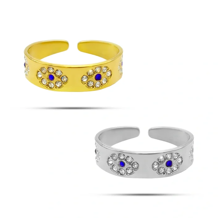 Anillo ajustable de acero inoxidable con ojos de cristales, pupila azul y variante dorada y plateada