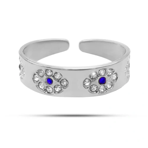 Anillo Acero Liso Ojos de Cristales Pupila Azul Ajustable (4)