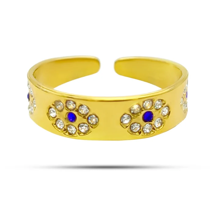 Anillo Acero Liso Ojos de Cristales Pupila Azul Ajustable (7)