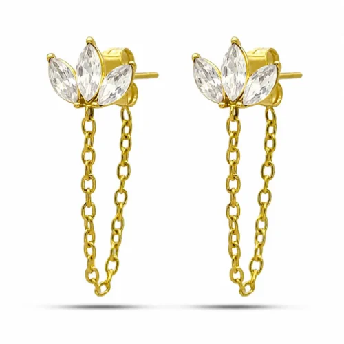 Arete Acero Inox Dorado Cristal Marquesa Triple Cadena