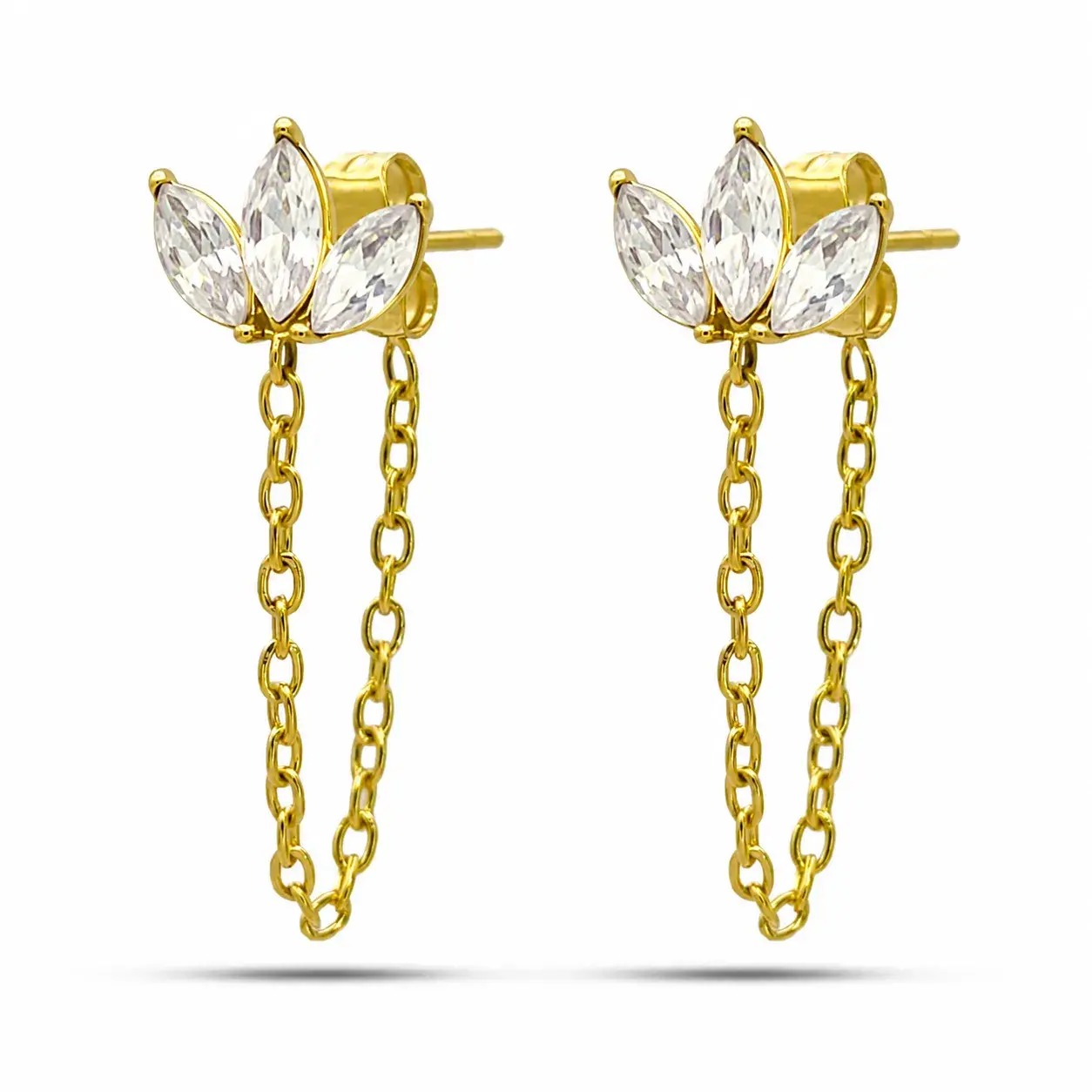 Arete Acero Inox Dorado Cristal Marquesa Triple Cadena