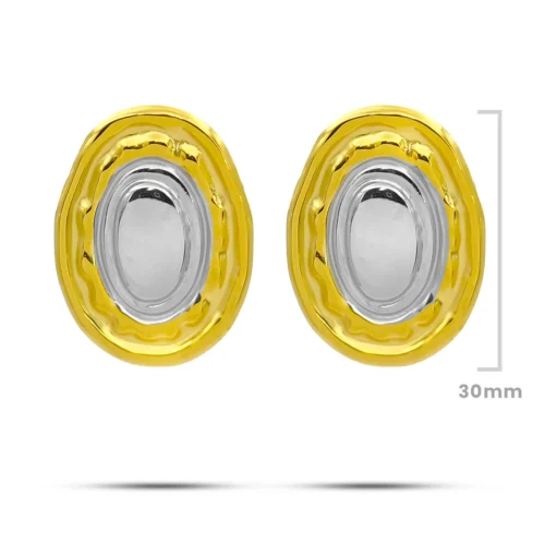 Aretes Acero Bicolor Discos Ovalados Diseño Martillado (1)