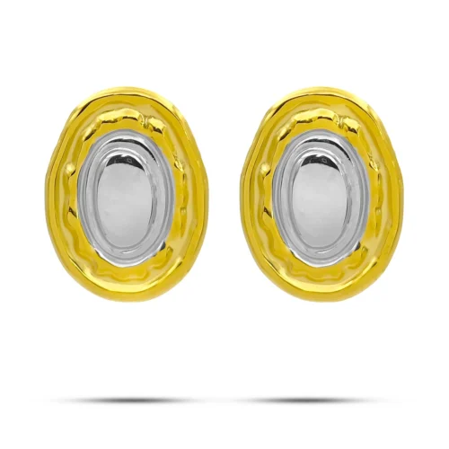 Aretes Acero Bicolor Discos Ovalados Diseño Martillado (2)