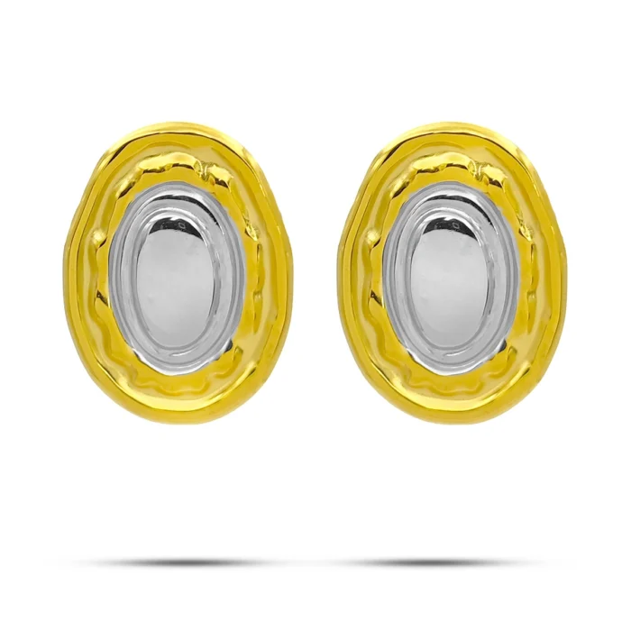 Aretes Acero Bicolor Discos Ovalados Diseño Martillado (2)
