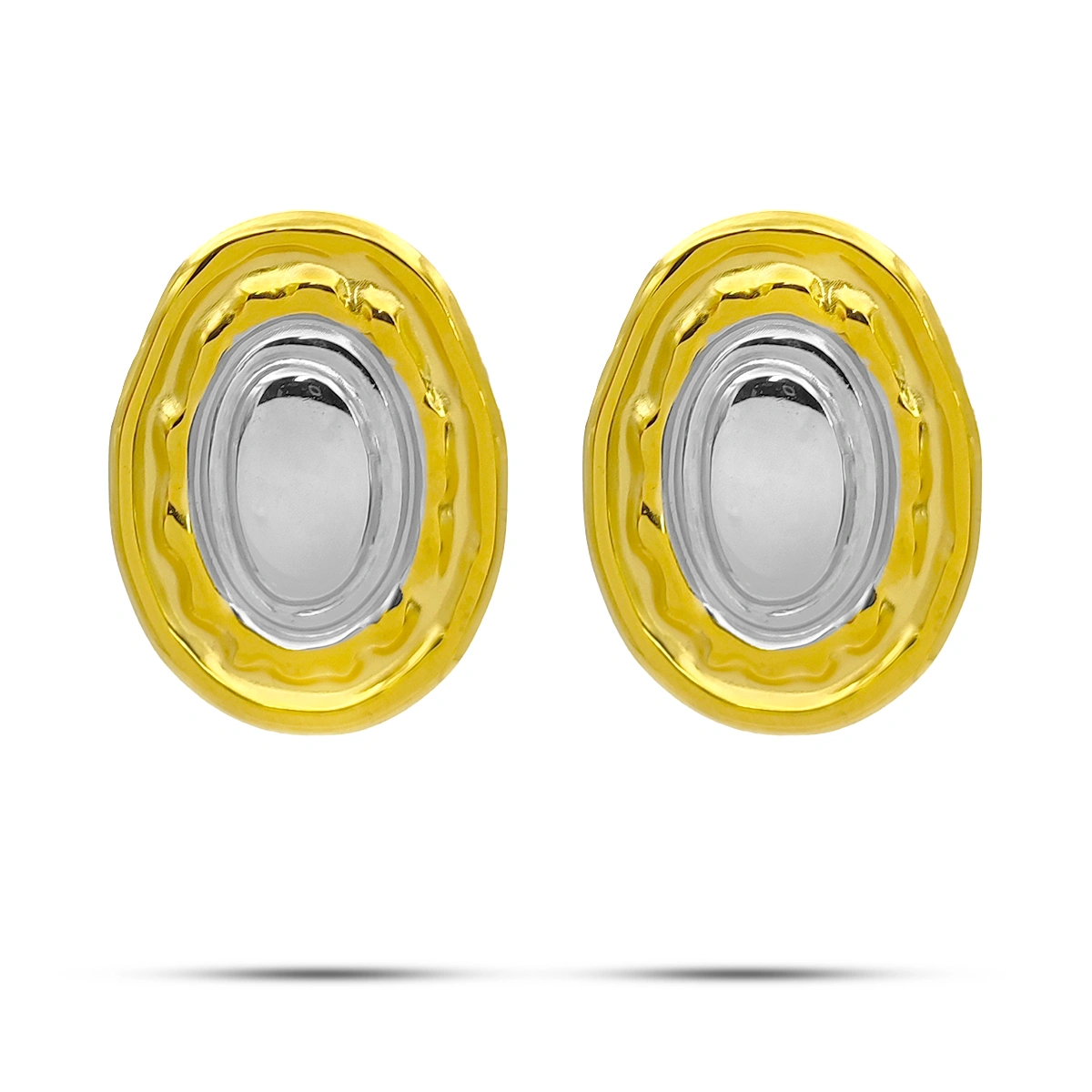 Aretes Acero Bicolor Discos Ovalados Diseno Martillado 2