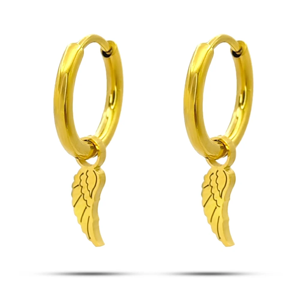 Aretes huggie de acero inoxidable dorado con colgante de ala de ángel, arracada de 9 mm y dije de 10 mm