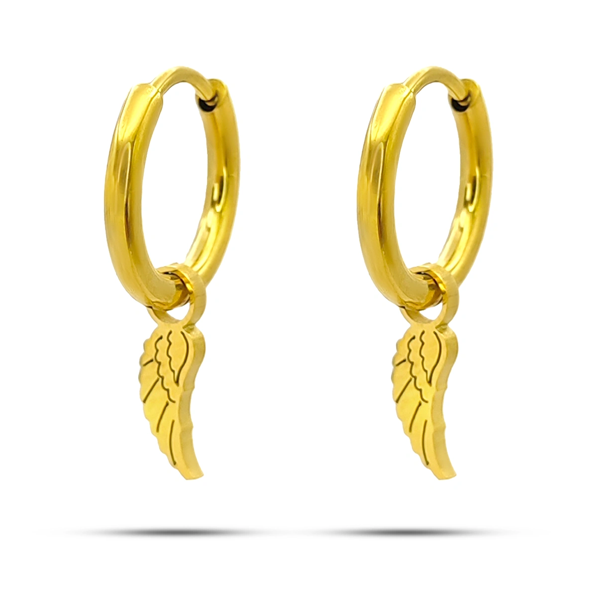 Aretes huggie de acero inoxidable dorado con colgante de ala de ángel, arracada de 9 mm y dije de 10 mm