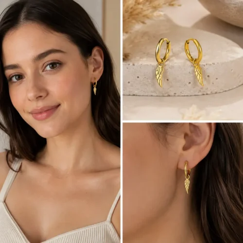 Aretes Acero Dorado Arracada Huggie Colgante Ala Angel (4)