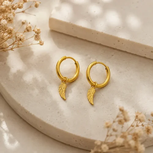 Aretes Acero Dorado Arracada Huggie Colgante Ala Angel (5)