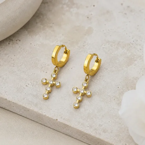 Aretes Acero Dorado Huggie Colgante Cruz Cristales (1)
