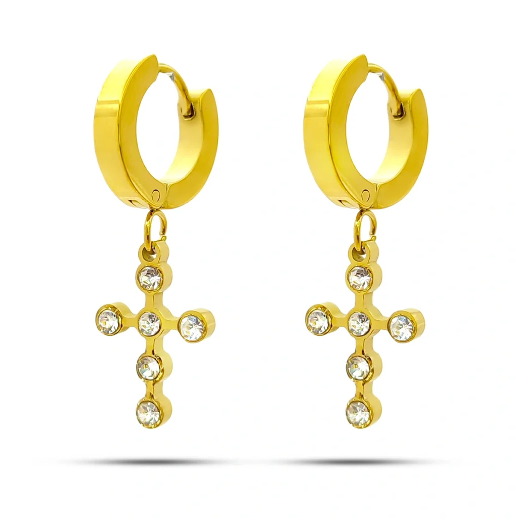 Aretes Acero Dorado Huggie Colgante Cruz Cristales 3