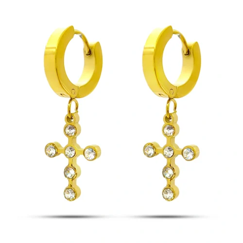 Aretes Acero Dorado Huggie Colgante Cruz Cristales (3)