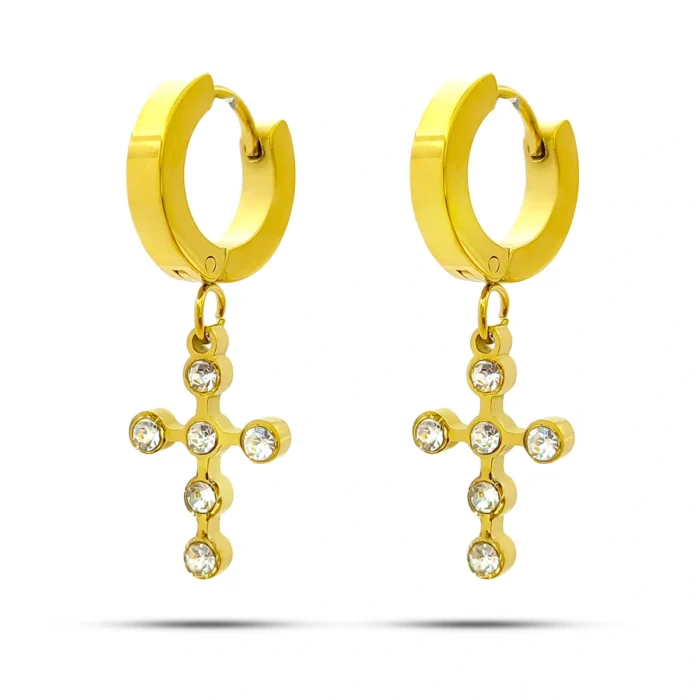 Aretes Acero Dorado Huggie Colgante Cruz Cristales (3)