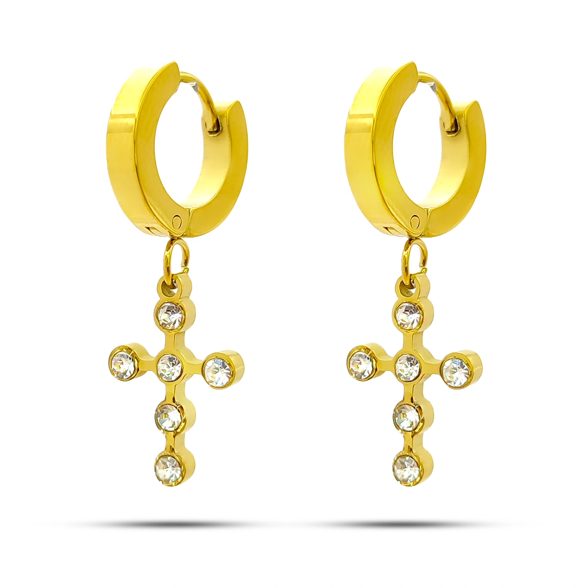 Aretes Acero Dorado Huggie Colgante Cruz Cristales 3