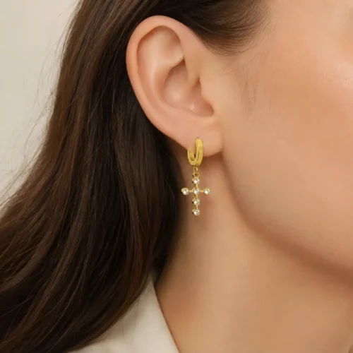 Aretes Acero Dorado Huggie Colgante Cruz Cristales (4)