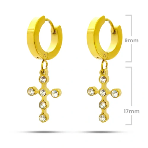 Aretes Acero Dorado Huggie Colgante Cruz Cristales