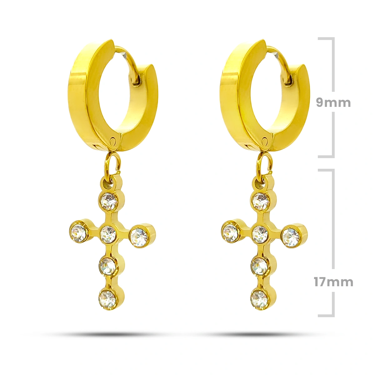 Aretes Acero Dorado Huggie Colgante Cruz Cristales