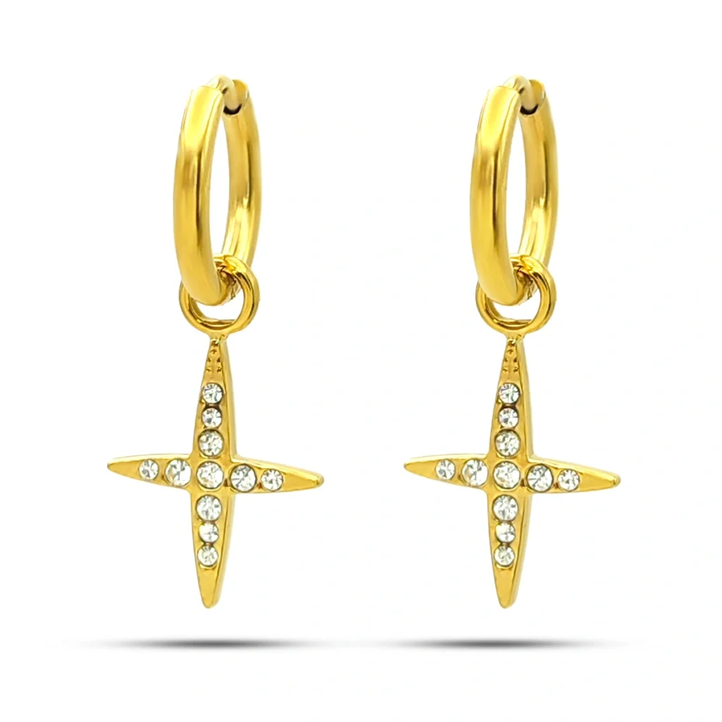 Aretes Acero Dorado Huggie Colgante Estrella Cristales