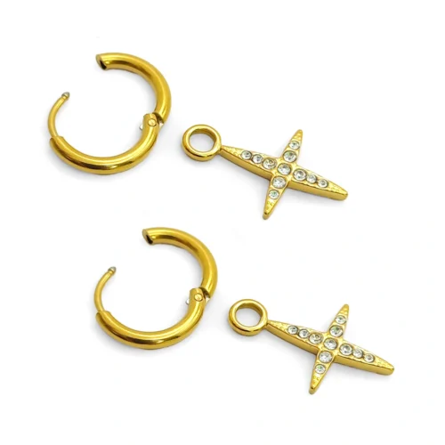 Aretes Acero Dorado Huggie Colgante Estrella Cristales (5)