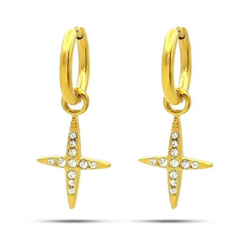Aretes Acero Dorado Huggie Colgante Estrella Cristales