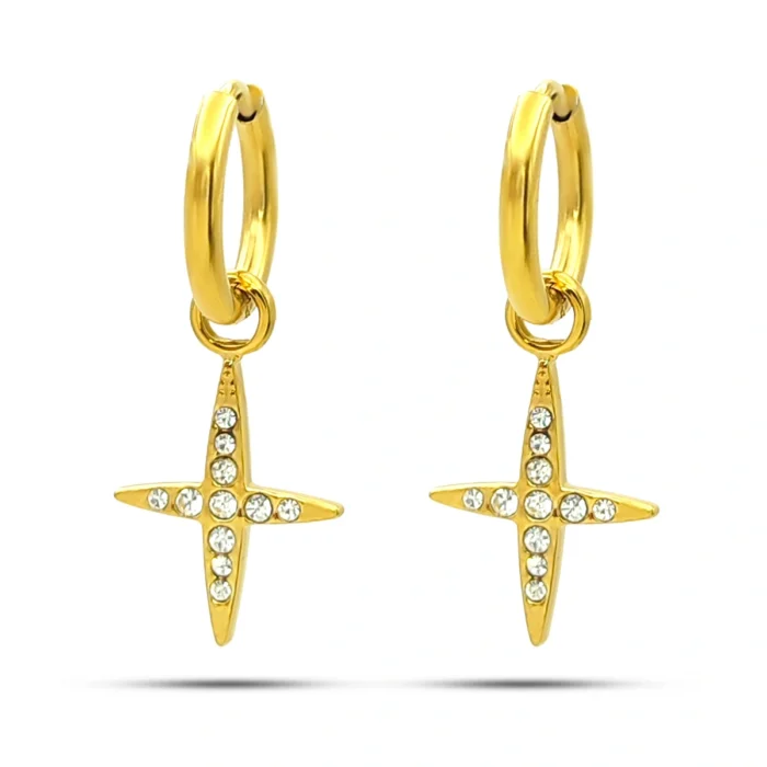 Aretes Acero Dorado Huggie Colgante Estrella Cristales