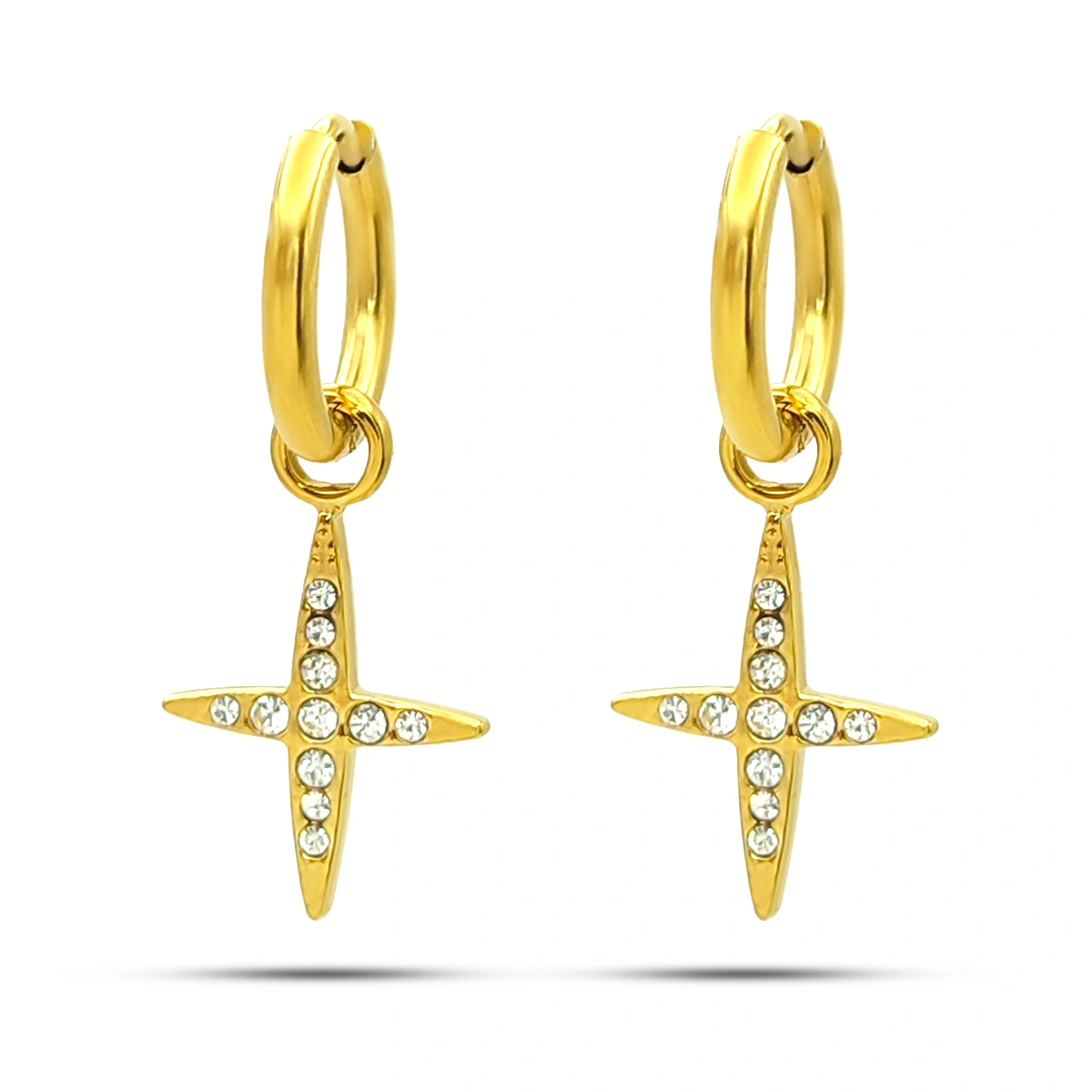 Aretes Acero Dorado Huggie Colgante Estrella Cristales