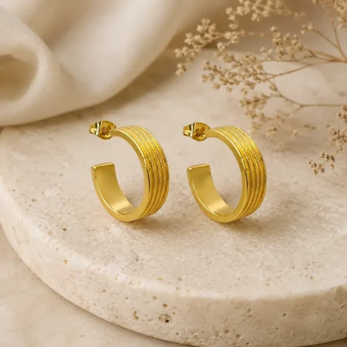 Aretes Acero Dorado Media Arracada Ancha Canales Lisos (4)