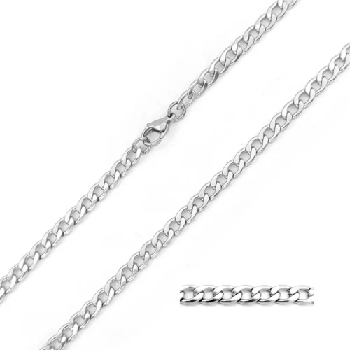 Cadena cubana de acero inoxidable plateada con acabado pulido, disponible en diferentes largos y anchos