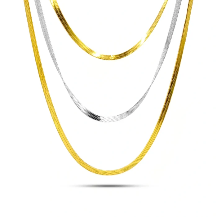 Collar bicolor de acero inoxidable triple tipo panza de víbora planchada en dorado y plateado