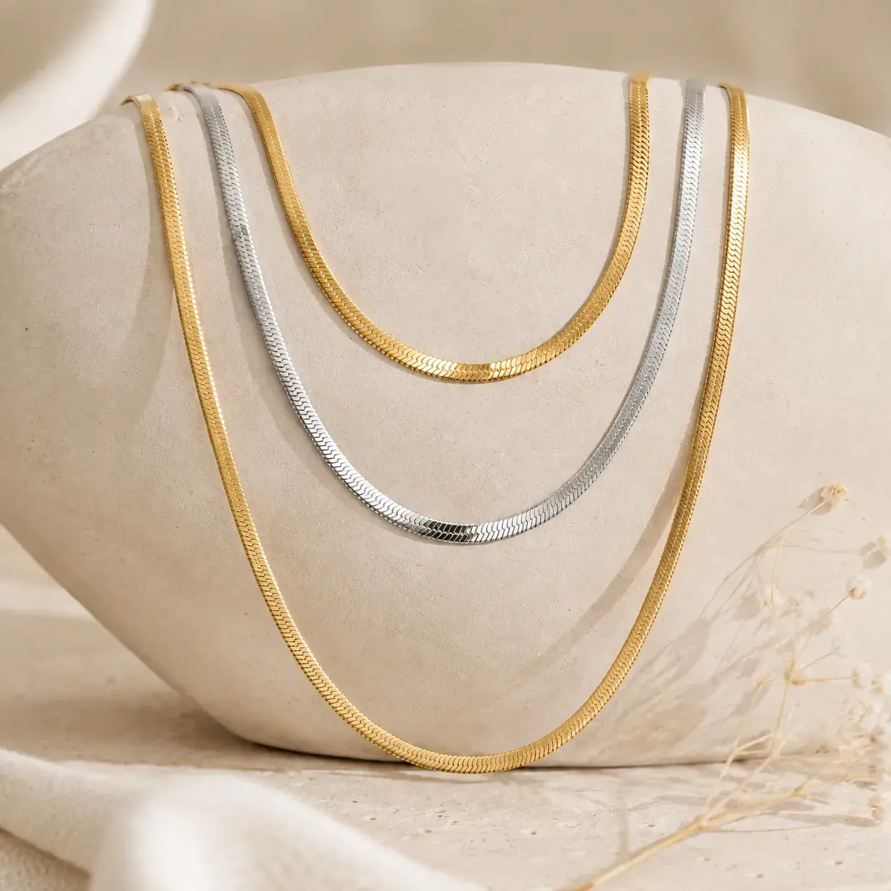 Collar Acero Bicolor Triple Panza de Vibora Planchada