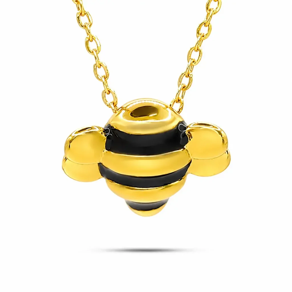 Collar Acero Dorado Abeja Inflada Esmalte Rayas Negras